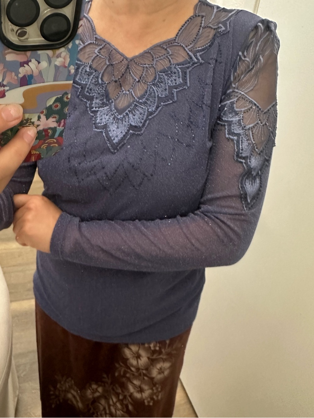 Light Navy Blue Rhinestoned Lace Embellished Shimmering Long-Sleeve Lined Top M
